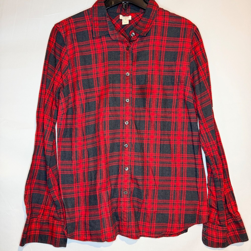 J.Crew Womens Red Charcoal Grey Plaid Flannel Button Down Shirt Large Cotton